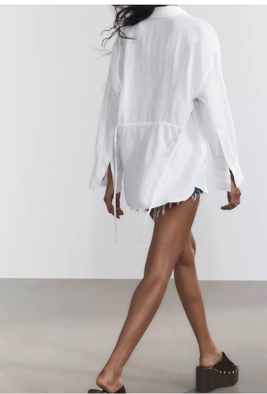 Zara Oversized White Linen Blend Shirt Adjustable Drawstring Waist Resort Wear L